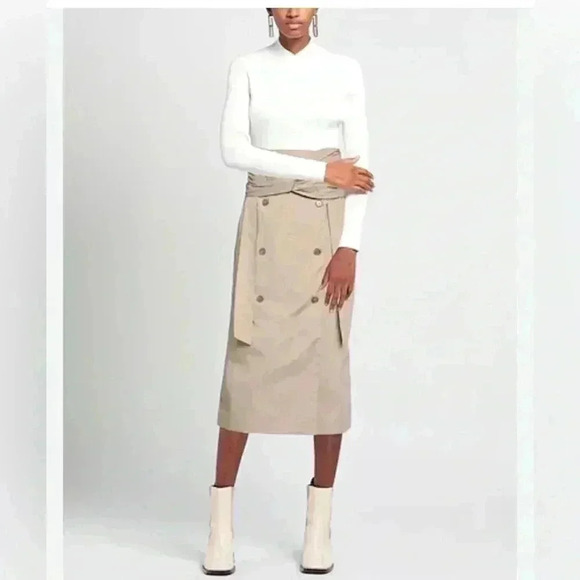 Rokh Midi Skirt 38 4 S Brown Beige Tan Twist Front Button Embellished Cotton - Picture 5 of 16